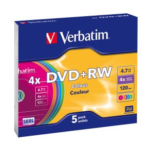DVD+rw Media 4.7GB 4x 5-pk Color With Slim Case