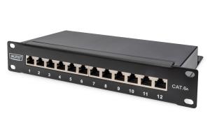 CAT6A Patch Panel, shielded,12-Port label field, 1U, 10in rack mount, black RAL 9005
