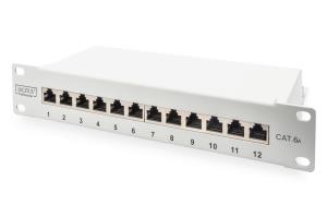 CAT6A Patch Panel, shielded, 12-Port label field, 1U, 10in rack mount, grey RAL 7035